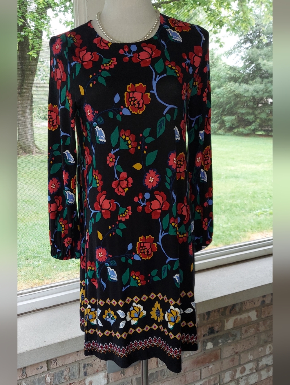 LOFT Black Floral Long Sleeve Dress with Red, Yellow & Green Accents